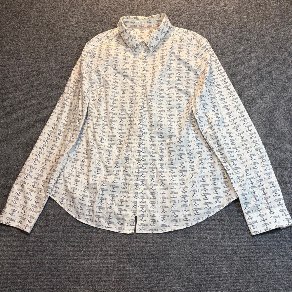 Boden Womens 14R Button Down Shirt White Fish Chips Print Novelty Long Sleeve
